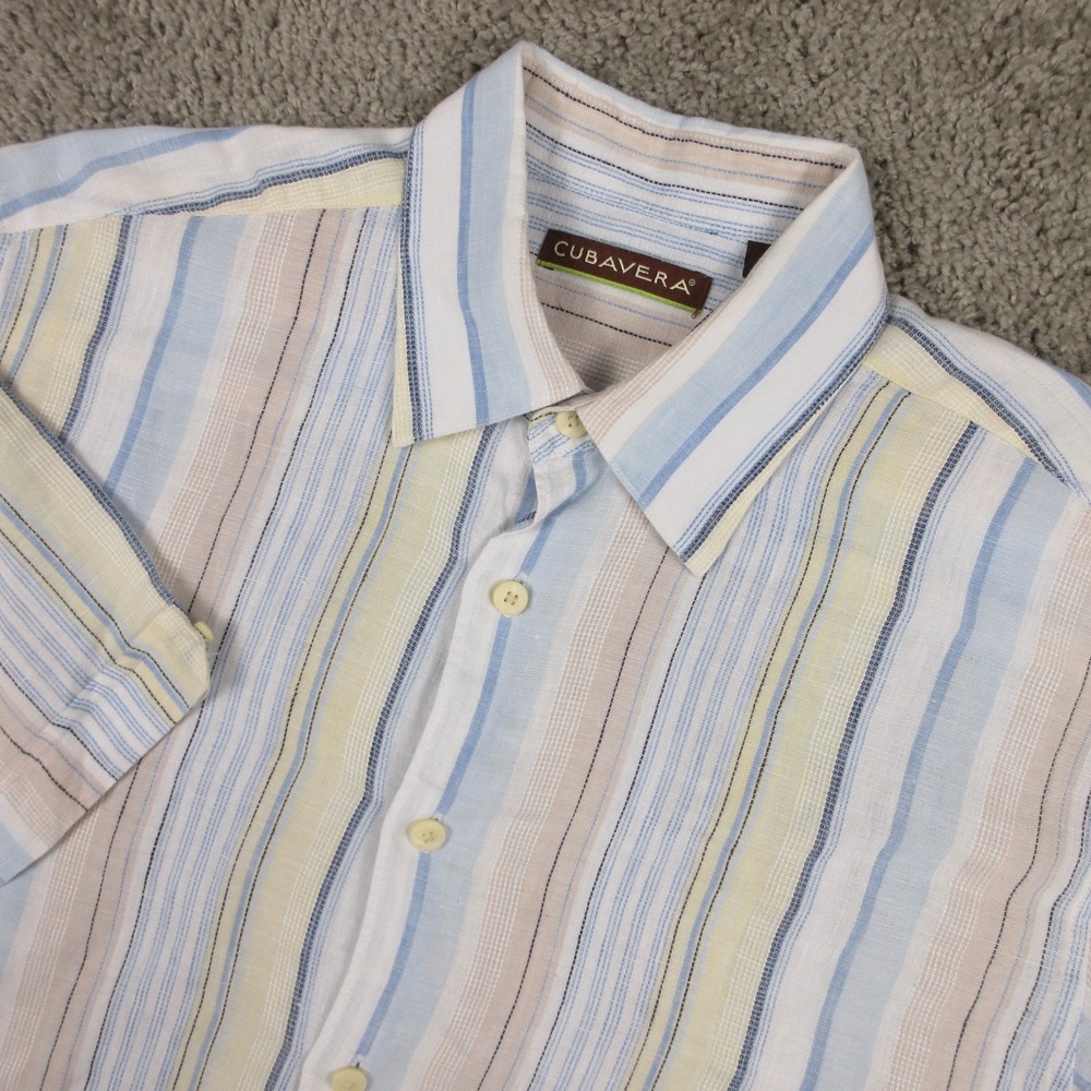 Cubavera Shirt Mens Medium Light Striped Linen Short Sleeve Vacation Button Up